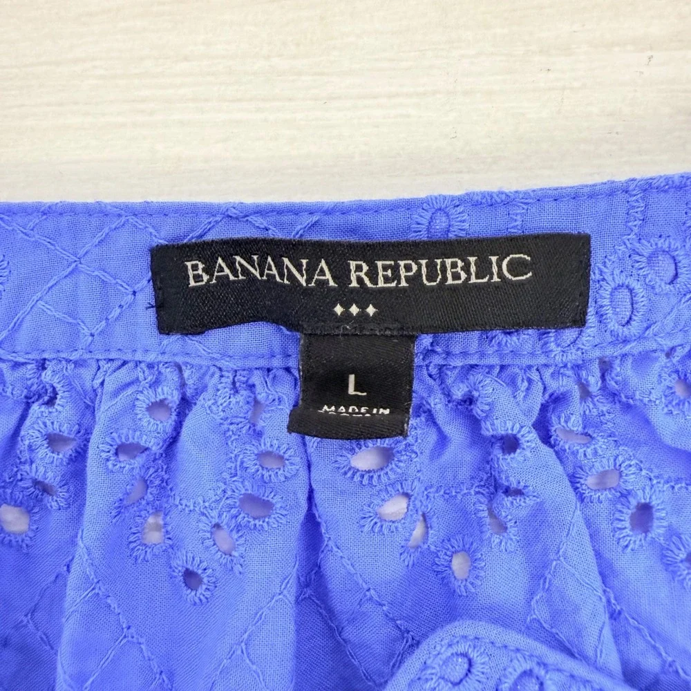 Banana Republic Eyelet Blouse Womens L Blue‎ Henley 3/4 Puff Sleeve Top Cotton